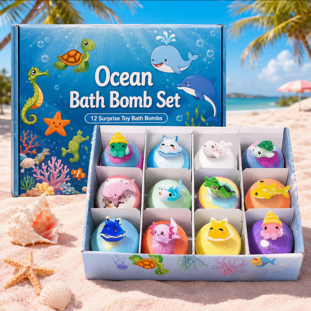 Kids Ocean Bath Bombs with Surprise Sea Animal Toys, Natural Fizzy Bath Bomb Set, Birthday/Christmas Gift for Kids