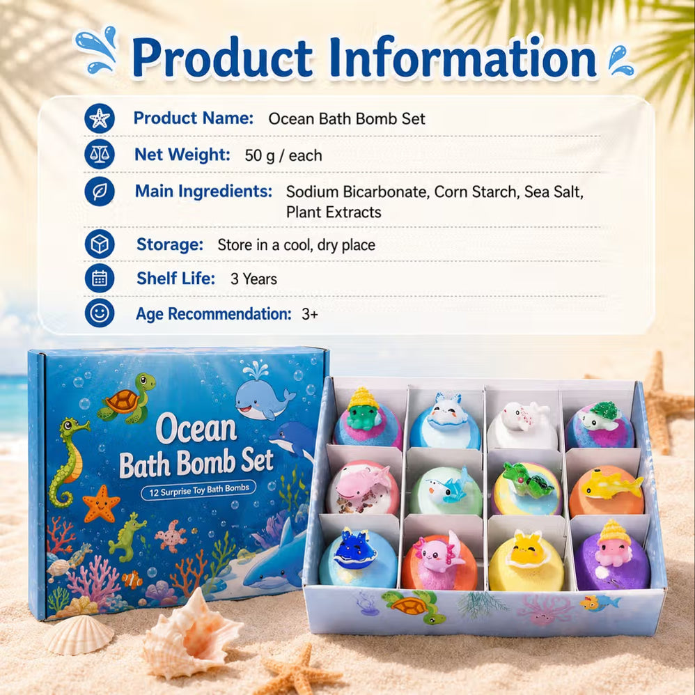 Kids Ocean Bath Bombs with Surprise Sea Animal Toys, Natural Fizzy Bath Bomb Set, Birthday/Christmas Gift for Kids