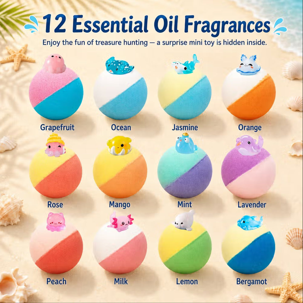 Kids Ocean Bath Bombs with Surprise Sea Animal Toys, Natural Fizzy Bath Bomb Set, Birthday/Christmas Gift for Kids
