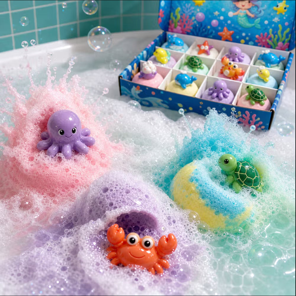 Kids Ocean Bath Bombs with Surprise Sea Animal Toys, Natural Fizzy Bath Bomb Set, Birthday/Christmas Gift for Kids