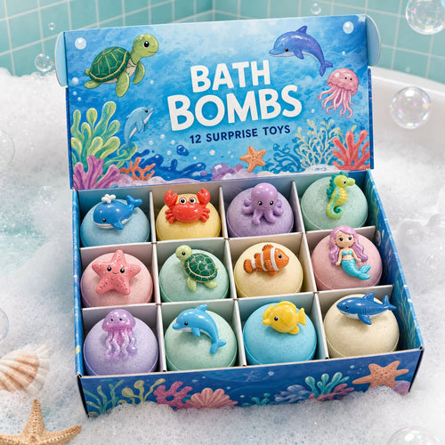 Kids Ocean Bath Bombs with Surprise Sea Animal Toys, Natural Fizzy Bath Bomb Set, Birthday/Christmas Gift for Kids